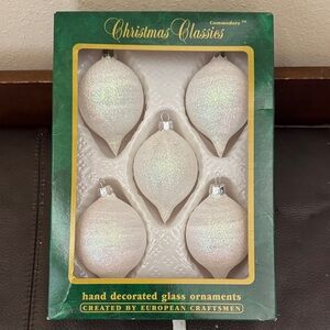 Vtg Christmas Glittery White Hand Decorated Glass Ornaments - Set of 5